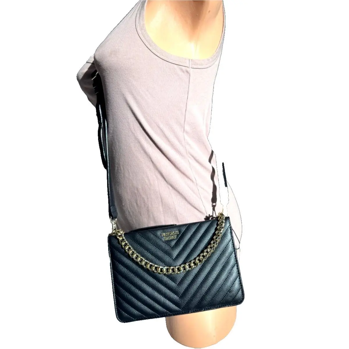 Victoria`s Secret Crossbody Shoulder Purse Chevron Black Mini Bag Gold Cha