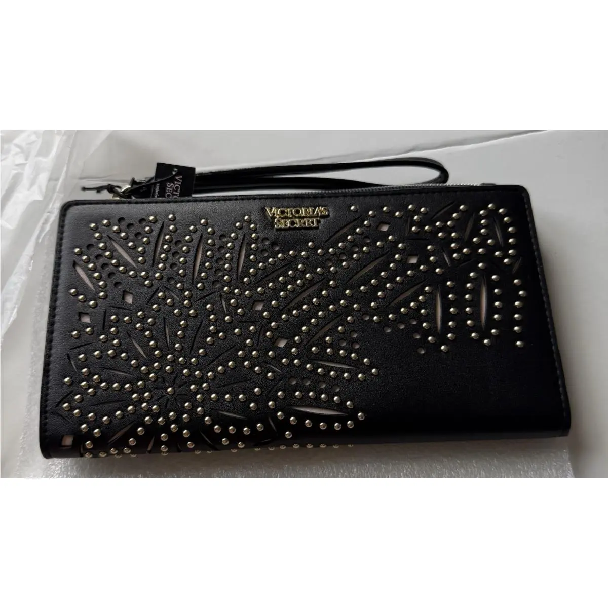 Victoria`s Secret Black Laser Cut Gold Studs Strap Snap Wallet Wrislet