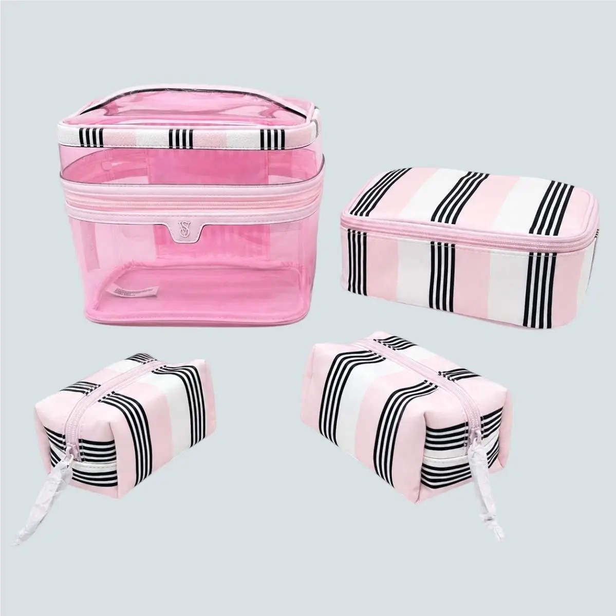 Victorias Secret Pink Striped 4-Piece Travel Cosmetic Bag Set