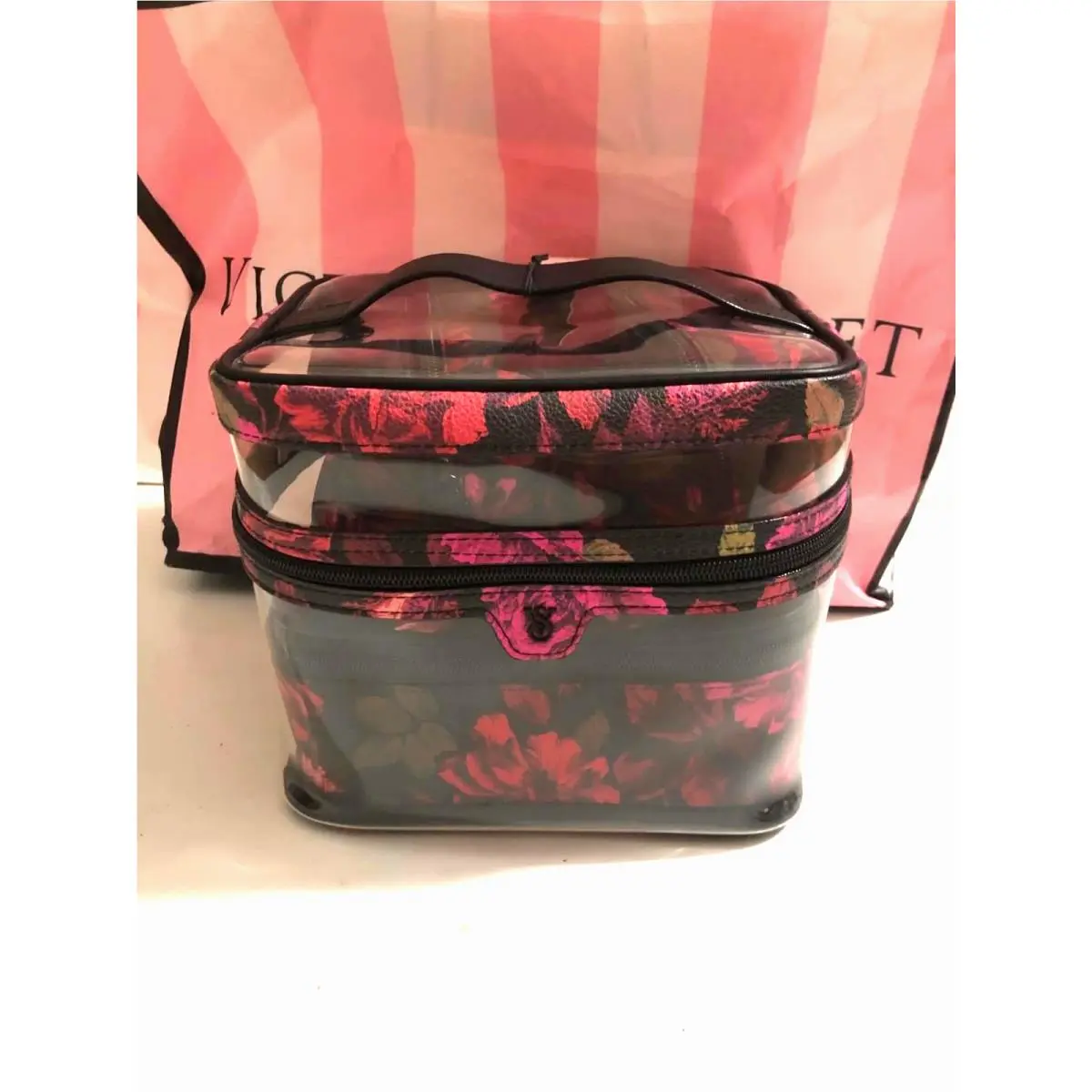 Victoria`s Secret 4-IN-1 Train Case Cosmetic Travel Makeup Bag Black Floral