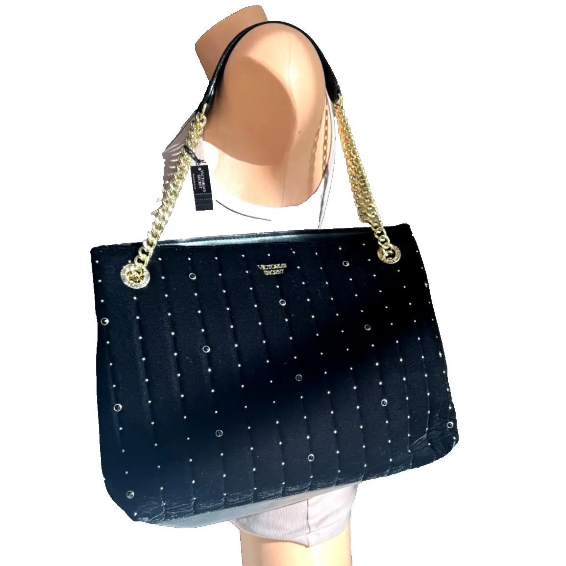 Victoria`s Secret Black Soft Velvet Beaded Large Bag Tote Golden Shoulder Cha