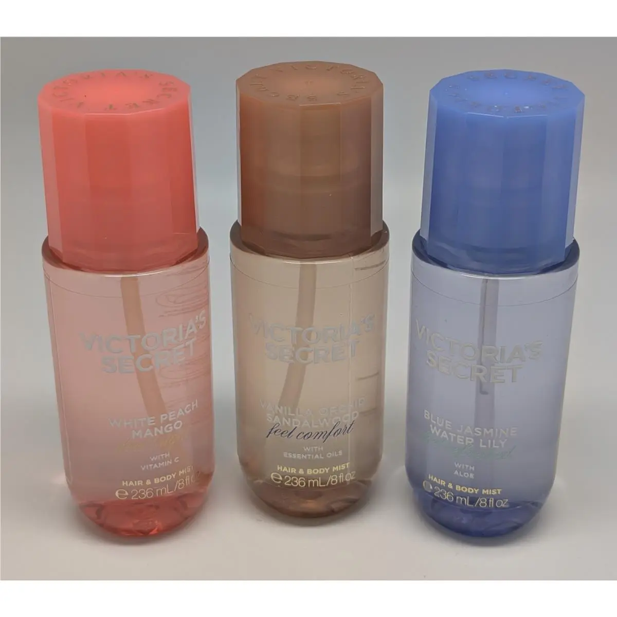 3 Various Victoria`s Secret `feel` Series Fragrance Hair Body Mist - 8 oz Each