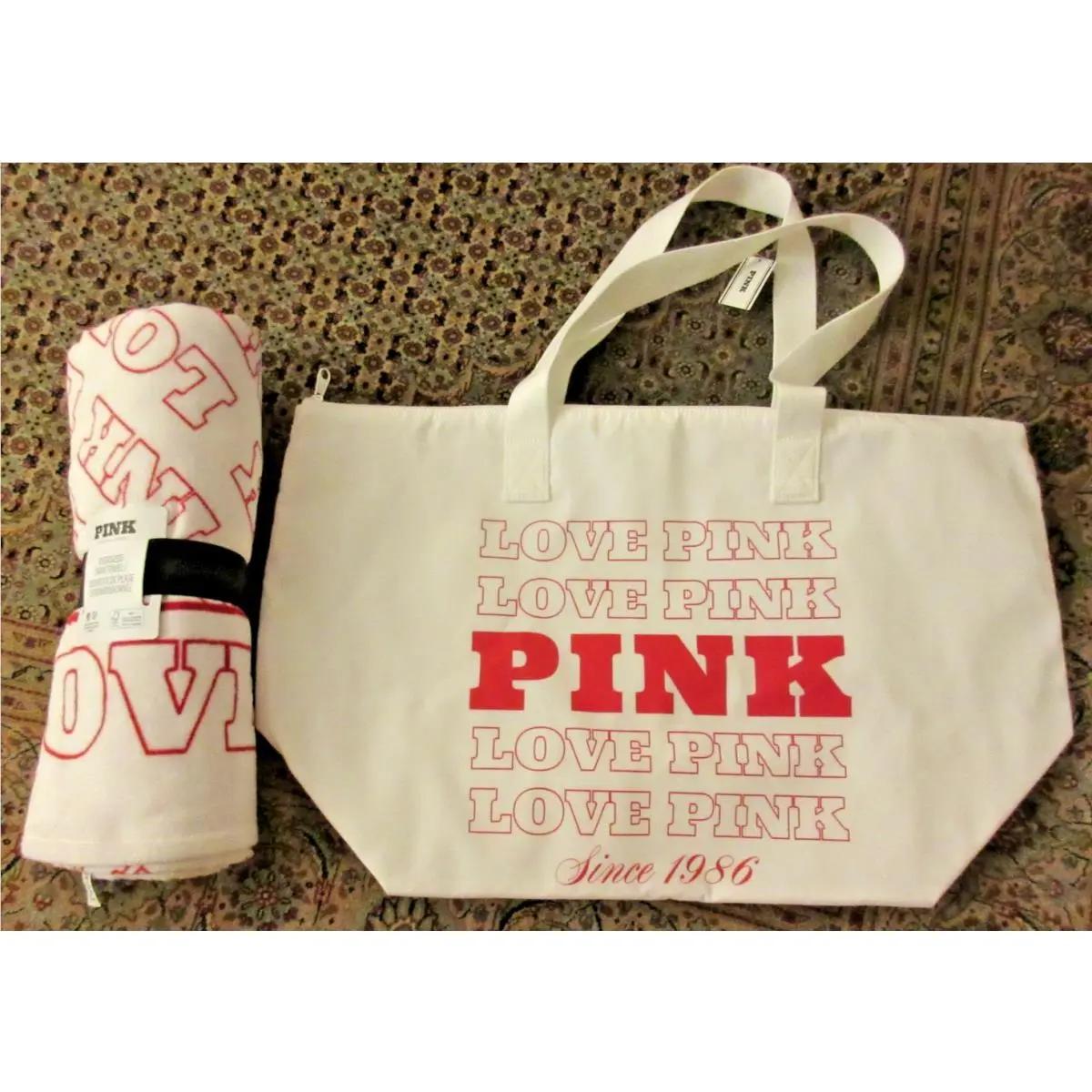 Victoria`s Secret Pink Love Red White Beach Towel Zipper Tote Bag by Victoria's Secret