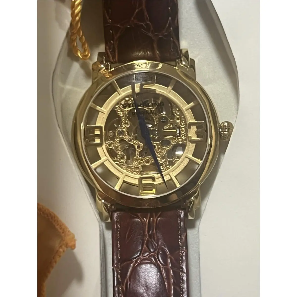 Stuhrling Mens Automatic Skeleton Watch Gold Tone 90089 Box Tag