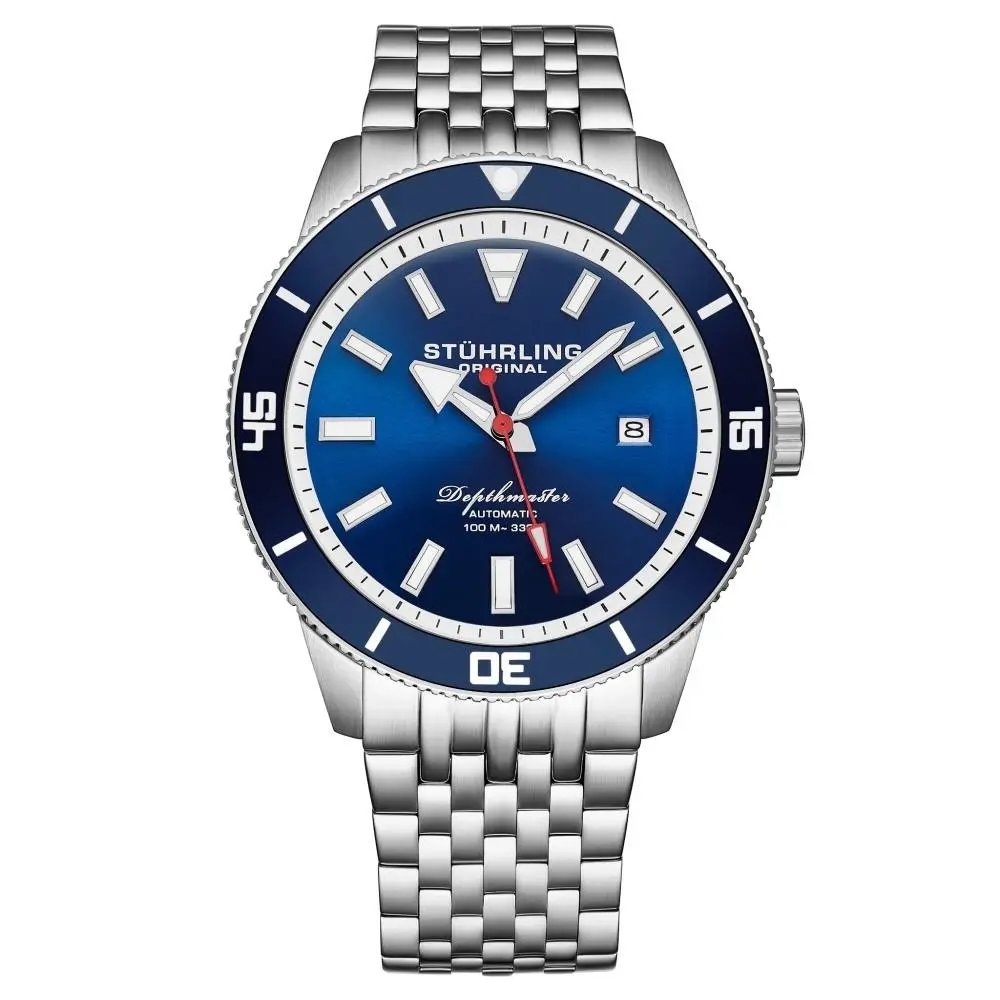 Stuhrling 4086 2 Aquadiver Depthmaster Automatic Date Blue Dial Mens Watch