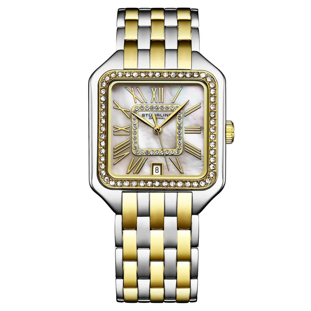 Stuhrling 4067 5 Square Stainless Steel Two Tone Date Womens Watch