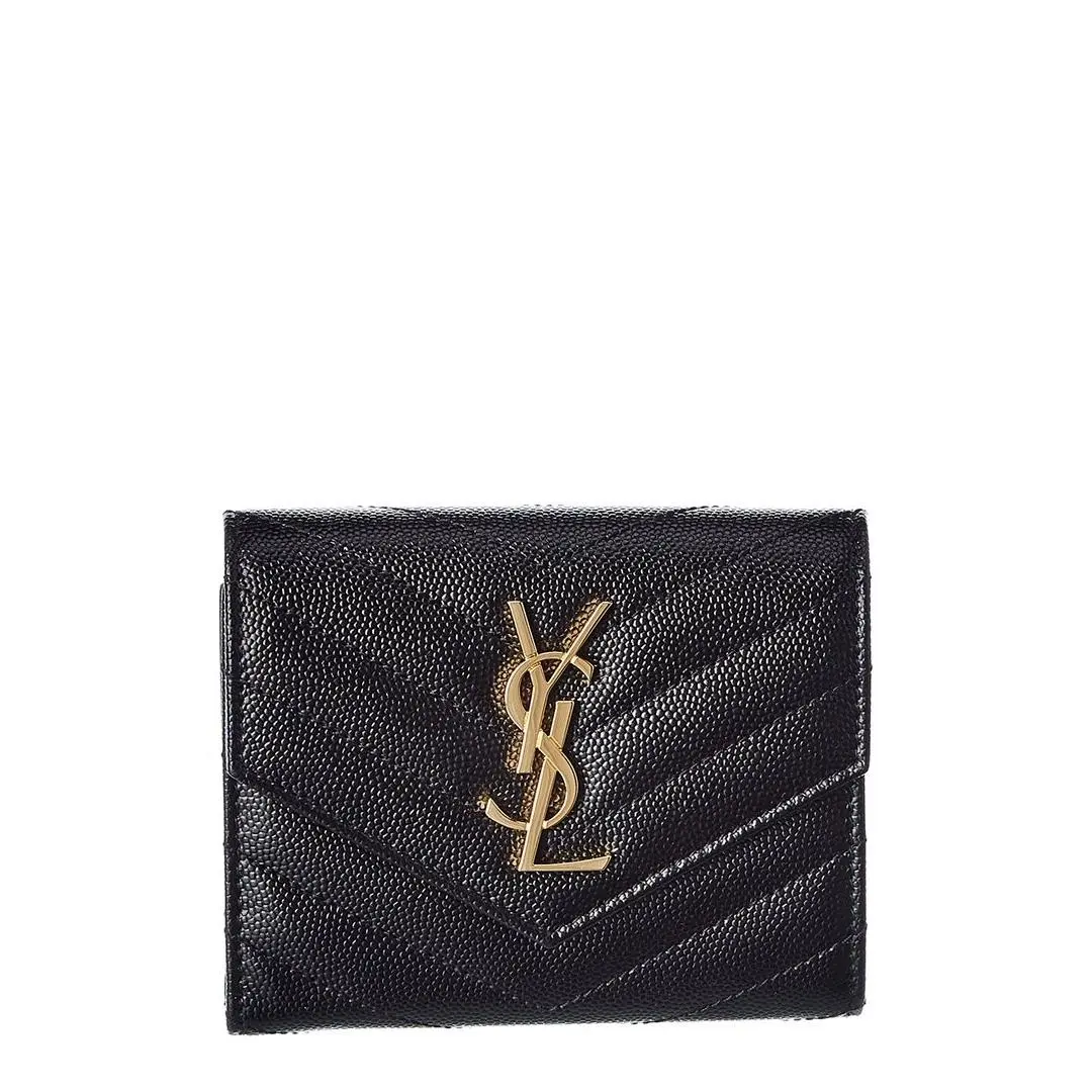 Saint Laurent Monogram Matelasse Leather Trifold Compact Wallet Women`s Black