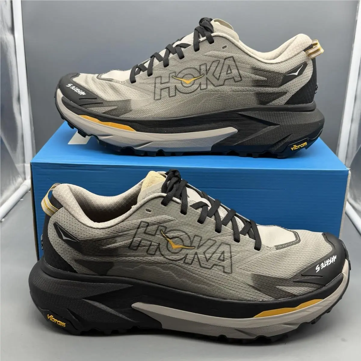 Hoka One One Mafate 5 Mens 12.5 D Trail Running Hiking Shoes Vibram Grey Black