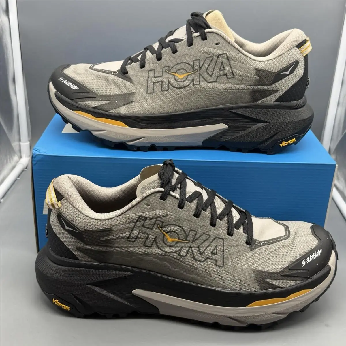 Hoka One One Mafate 5 Mens 12.5 D Trail Running Hiking Shoes Vibram Grey Black