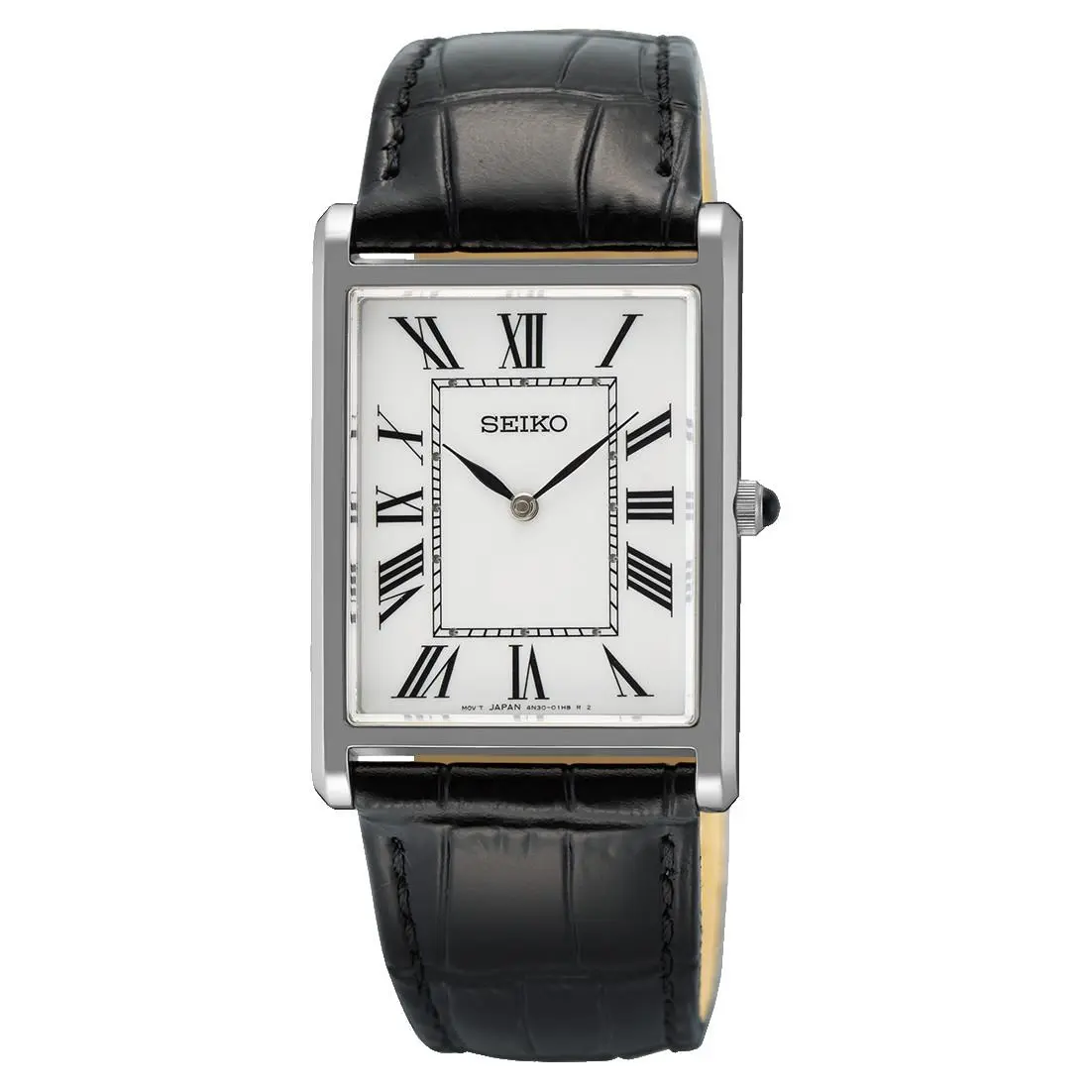 Seiko Mens White Roman Dial Black Leather Rectangular Sapphire Quartz SWR103P1