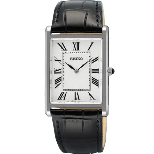 Seiko Essentials Rectangular Black Leather Roman Numbers Men’s Watch SWR103