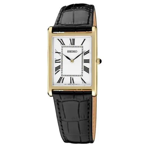 Seiko Essentials Rectangular Gold Tone Case Black Leather Men’s Watch SWR104