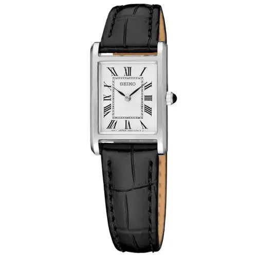 Seiko Essentials Rectangular Silver Tone Case Black Leather Women’s Watch SWR107 - Dial: White, Band: Black, Bezel: Silver