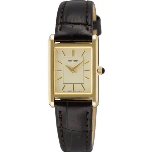 Essentials Rectangular Gold Tone Case Brown Leather Women’s Watch SWR110 by Seiko