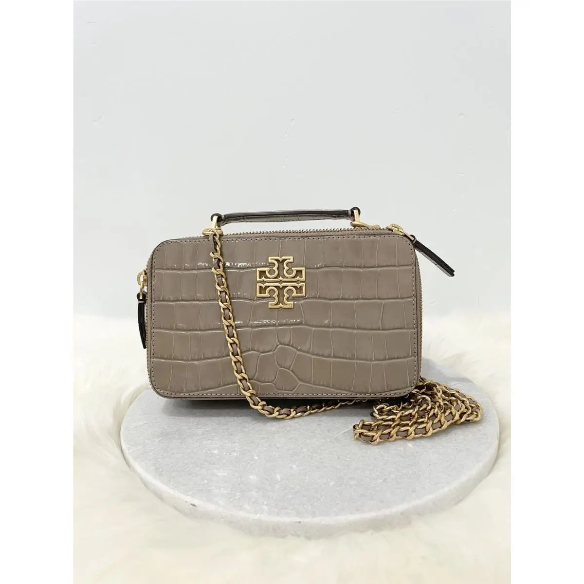 Tory Burch Elk Britten Croc Chain Top Handle Case Crossbody Bag Black