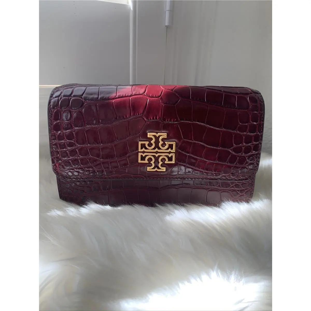Tory Burch Britten Croc Convertible Crossbody Shoulder Bag Claret