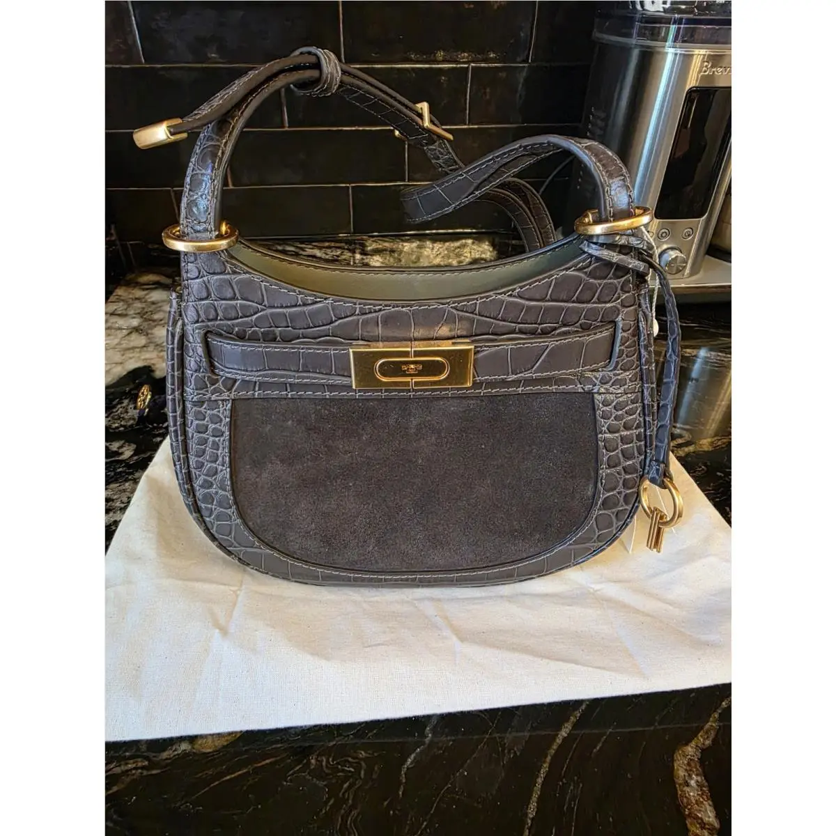 Tory Burch Lee Radziwill Croco Embossed Leather Suede Saddle Bag Deep Kelp