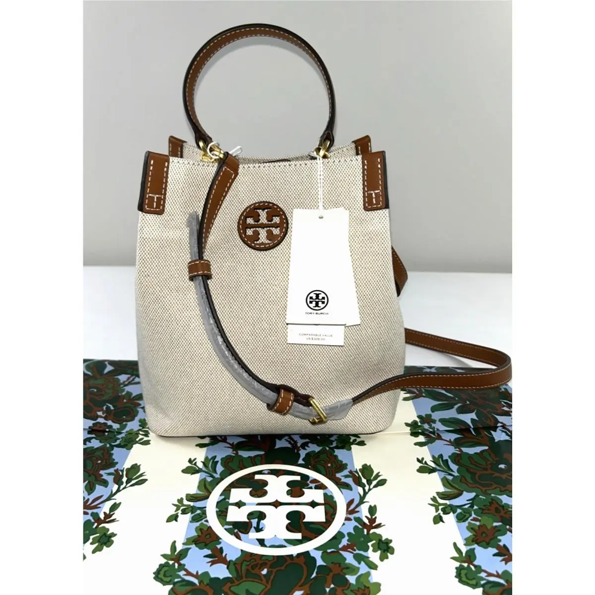Tory Burch Blake Natural Canvas Bucket Bag Leather Trim Brass Hardware
