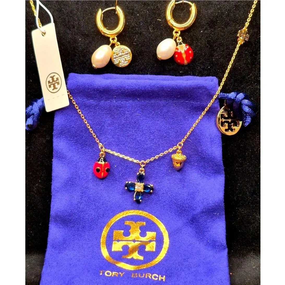 Tory Burch Lady Bug Acorne Flower Pearl Logo Necklace Earring Set