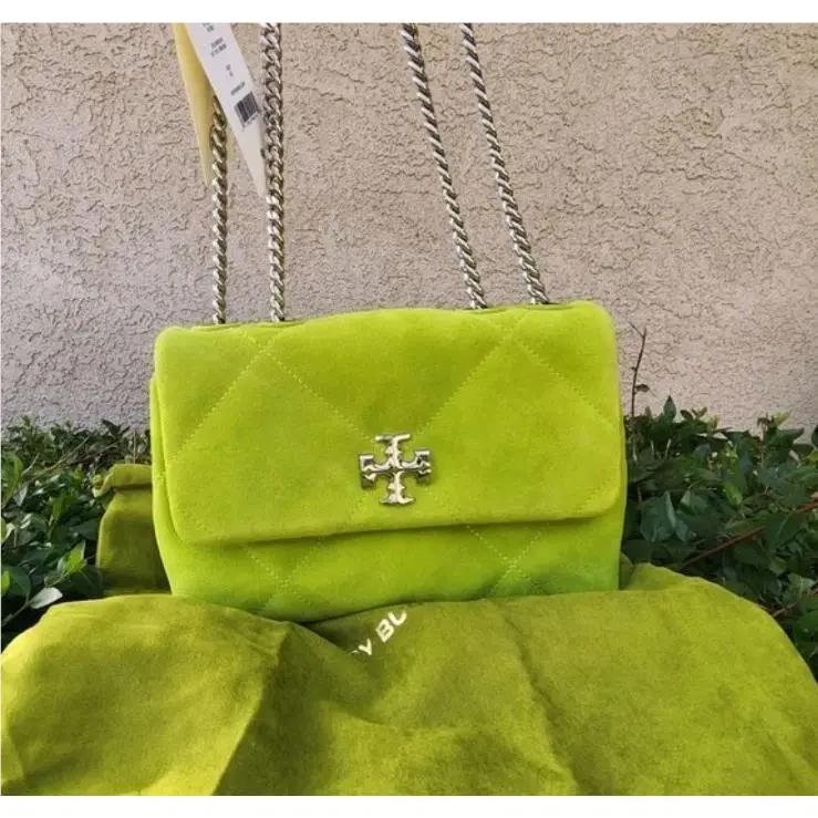 Tory Burch Kira Diamond Quilt Suede Small Shoulder Bag Green Convertible