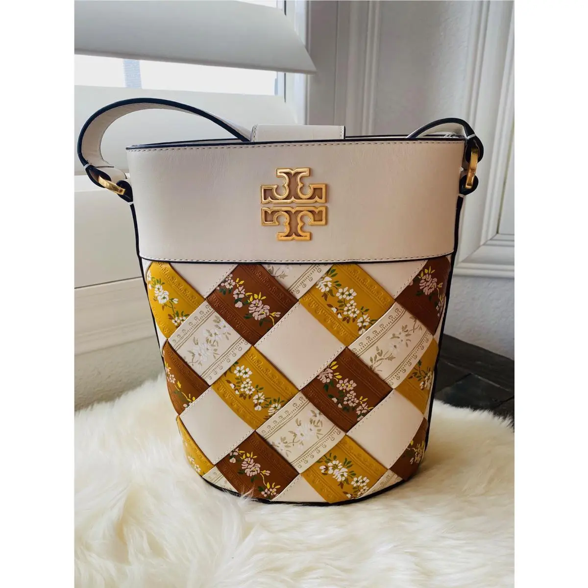 Tory Burch Britten Woven Leather Shoulder Bucket Bag French Vine Ribbon