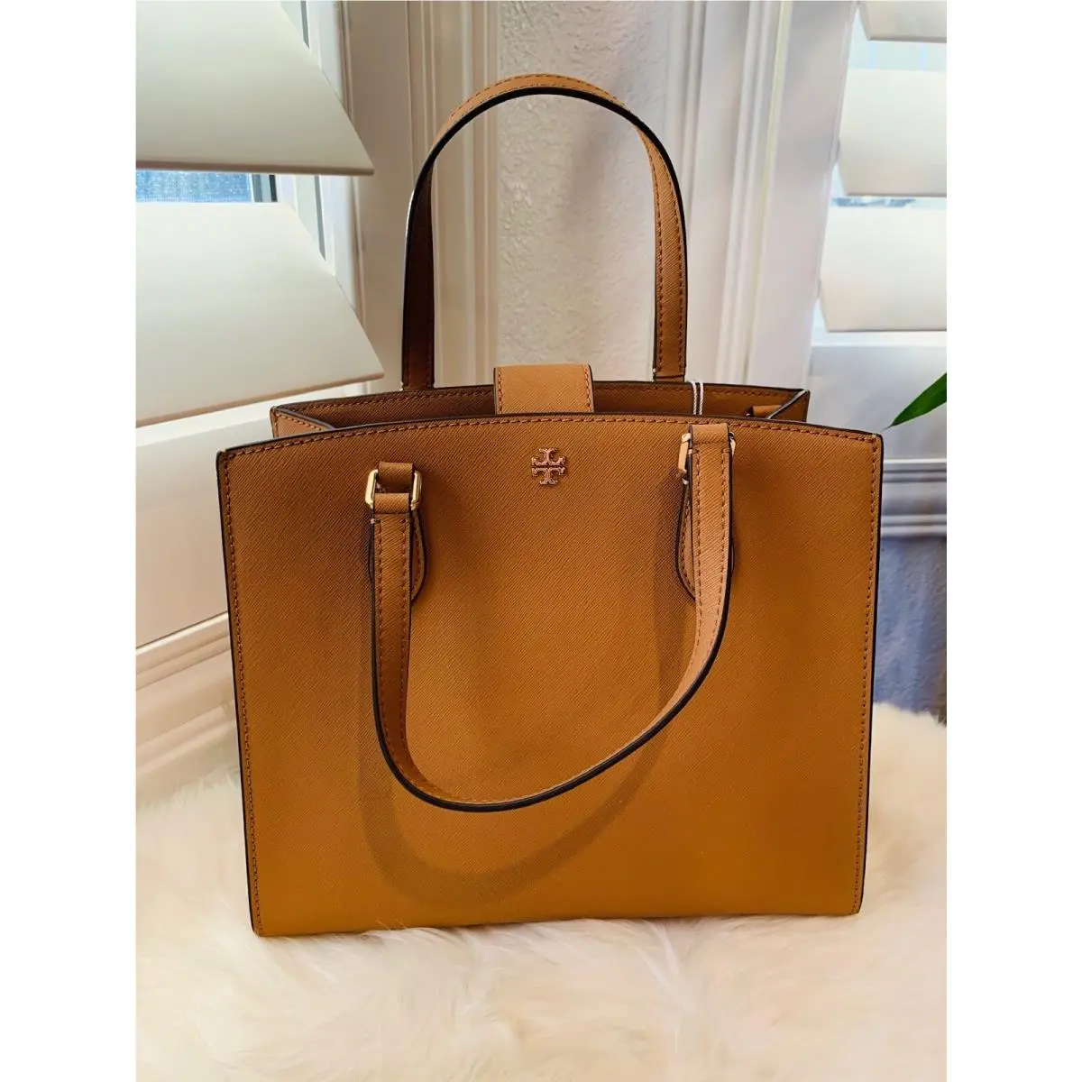 Tory Burch Emerson Structured Work Crossbody Satchel Cardamom/tan