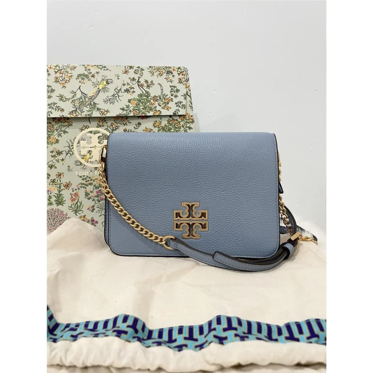 Tory Burch Britten Combo Crossbody Shoulder Clutch Bag Blue Cloud