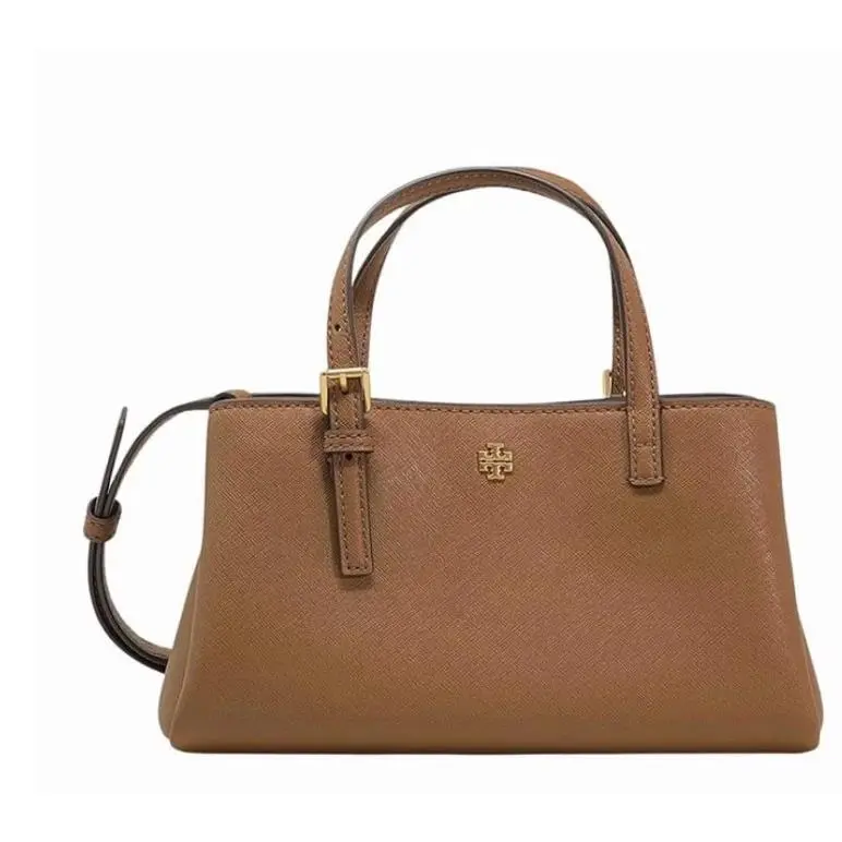 Tory Burch 143394 Emerson Moose Brown Leather Women`s Mini Tote - Handle/Strap: Brown, Hardware: Gold, Exterior: Brown