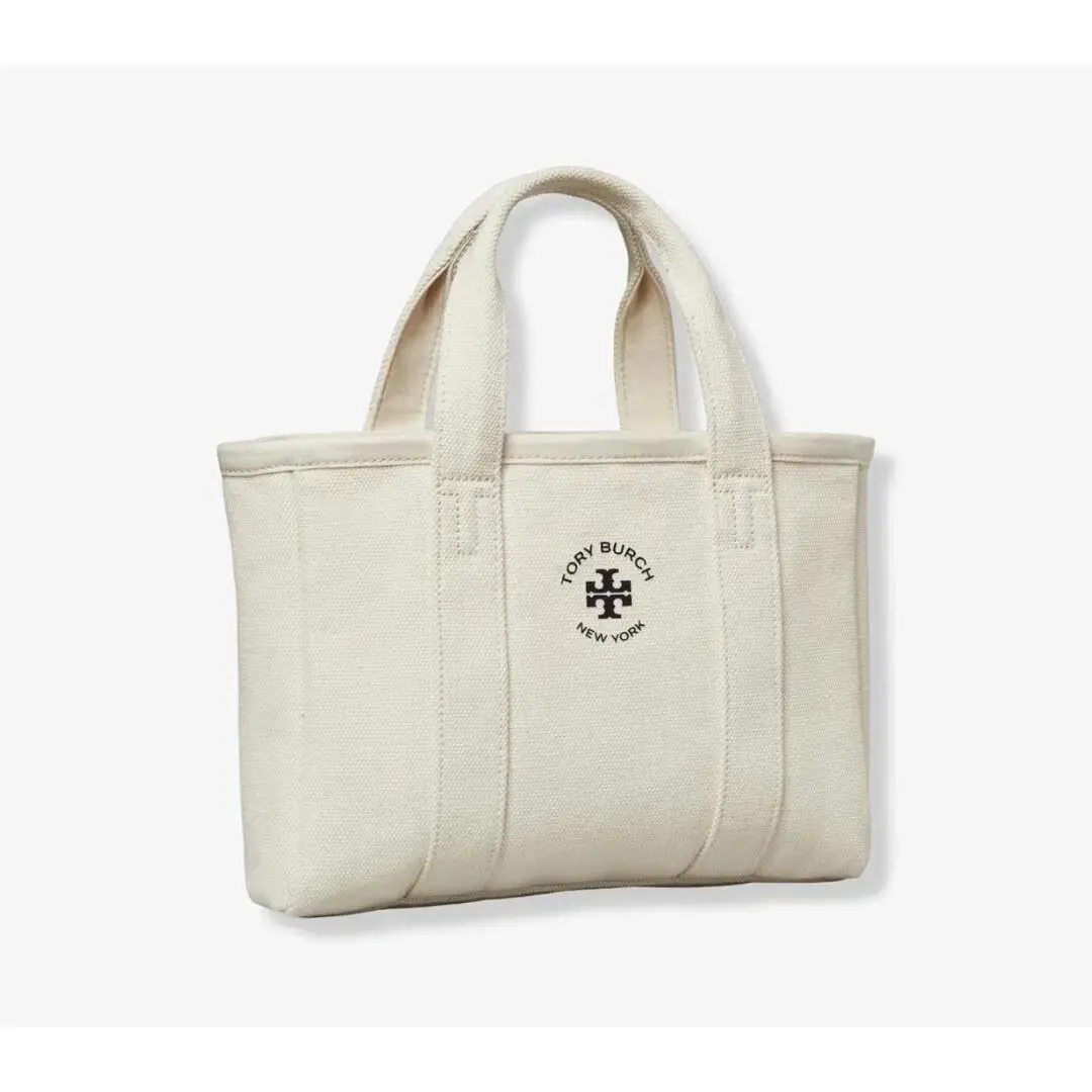 Tory Burch Mini Mercer Tote Hand Bag Purse Ivory Canvas Black Logo