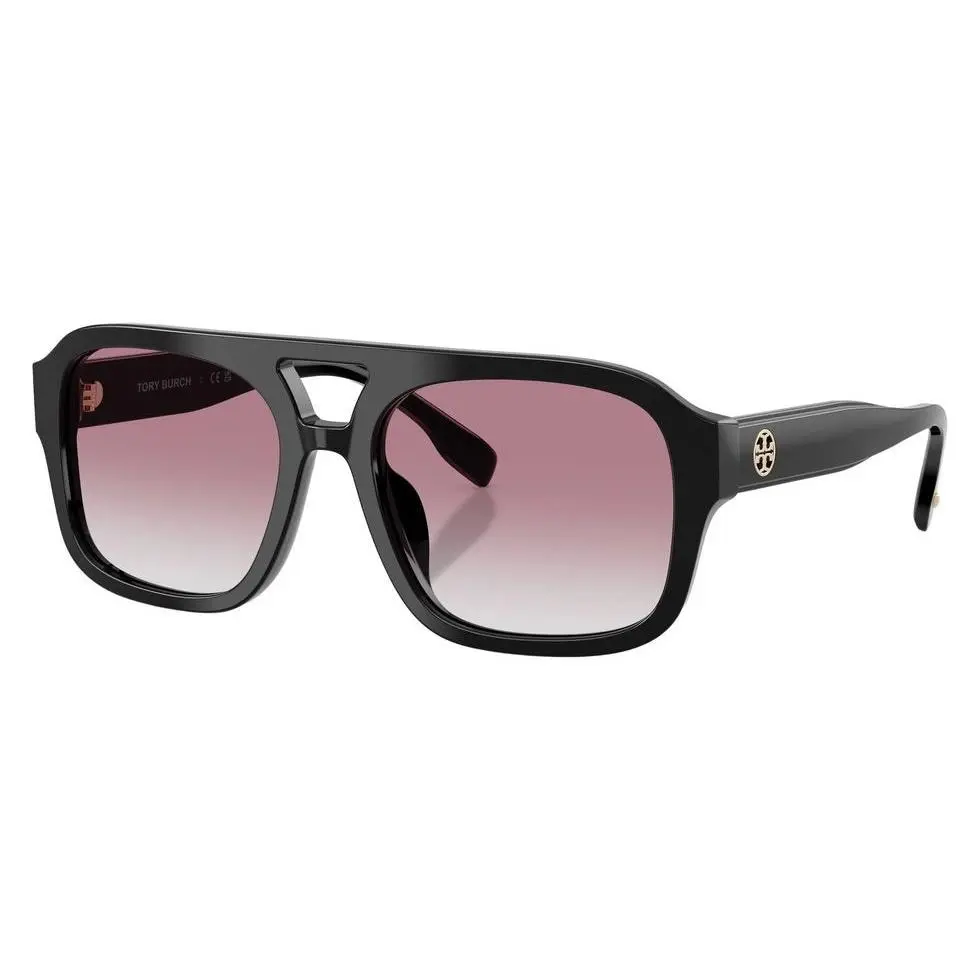 Tory Burch Sunglasses Black Gray Gradient Violet Lens Aviator Gold Logo
