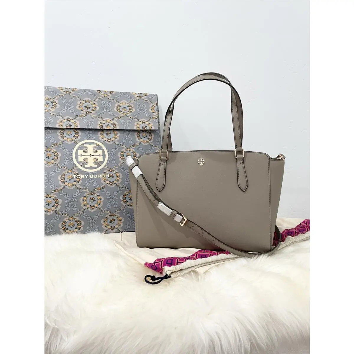 Tory Burch Emerson Small Top Zip Leather Tote Crossbody Strap French Gray