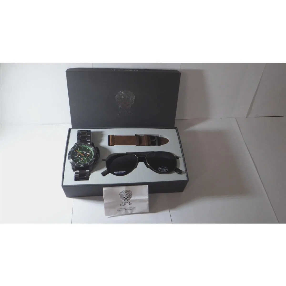 VC/1147GNDGST Graphite Color SS Watch W/sunglass/ Leather Band Set by Vince Camuto