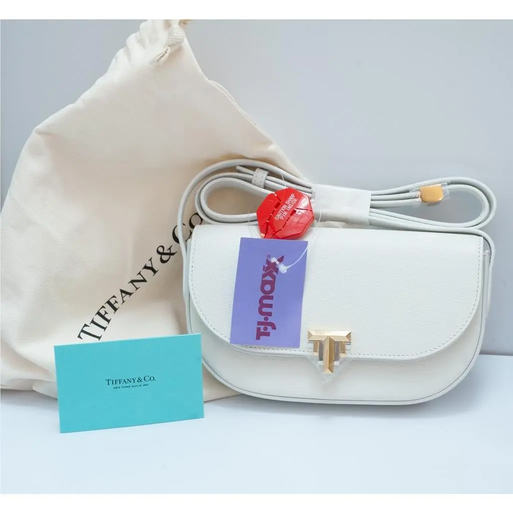 Tiffany Co. White Leather Crossbody Shoulder Bag Gold T-deco with Dustbag