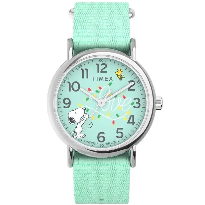 Weekender x Peanuts Holiday 38mm Teal Fabric Strap Watch Women`s TW2W24500 by Timex
