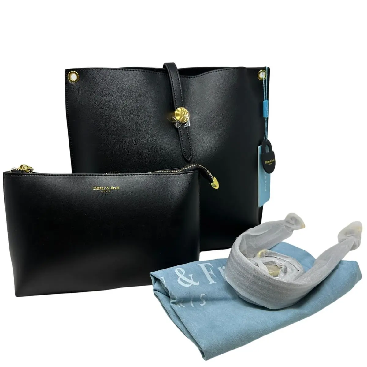 Tiffany Fred Paris Smooth Leather Shoulder Bag with Small Pouch Black