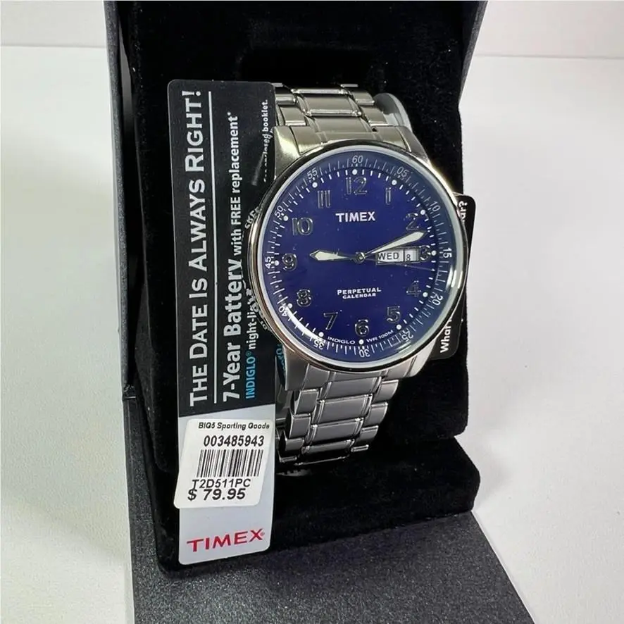 Perpetual Calendar T2D511 Wrist Watch Men Silver Stainless Steel Blue Face by Timex