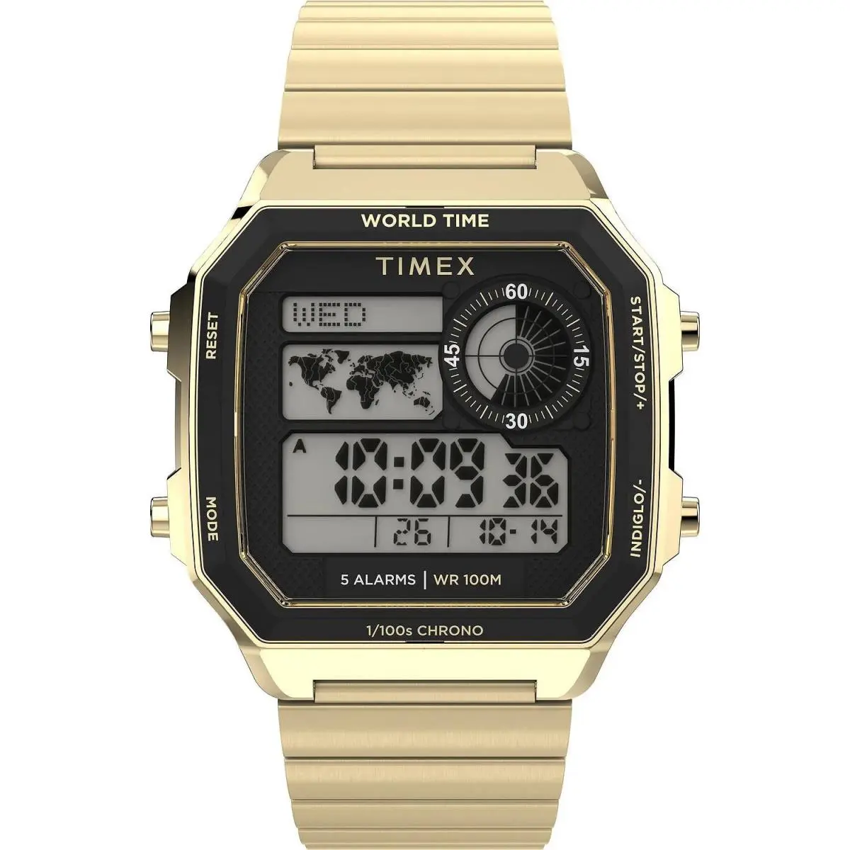 Timex TW5M69000 Men`s Digital Goldtone Watch Indiglo World Time 5 Alarms
