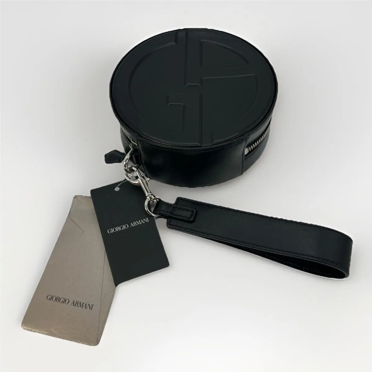 Giorgio Armani Round Leather Bag Black Wristlet Clutch