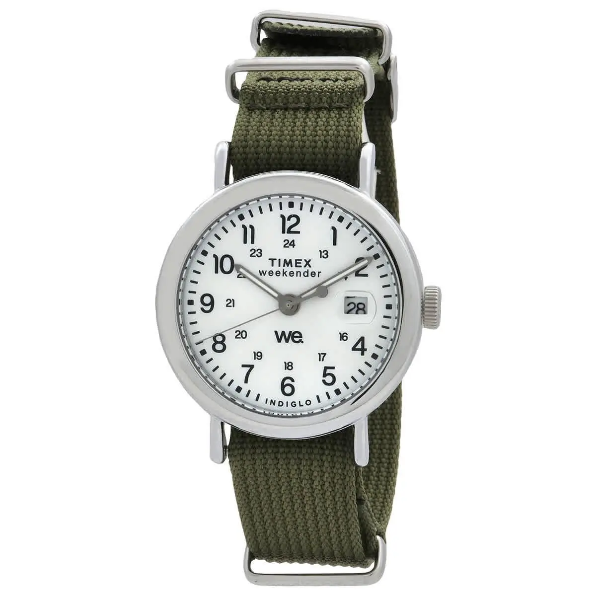 Timex Weekender Quartz White Dial Unisex Watch TW2W85600 - Dial: White, Band: Green, Bezel: Silver-tone