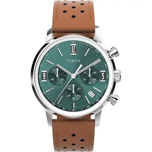Timex Marlin Chronograph Tachymeter Mens 40mm Green Dial Leather Watch TW2W10100