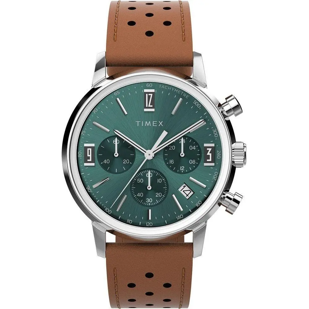 Timex TW2W10100 Men`s Marlin Brown Leather Band Green Dial Chronograph Watch - Dial: Green, Band: Brown, Bezel: Silver