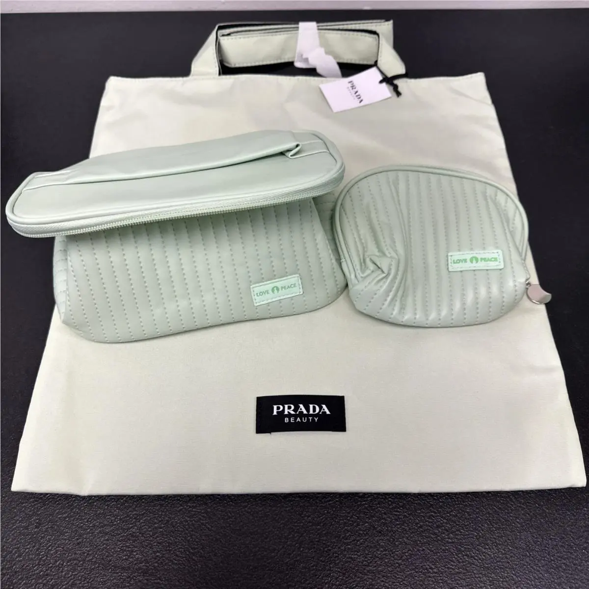 Prada Beauty Mint Green Tote Bag W Love Peace Minty Leather Cosmetic Bags