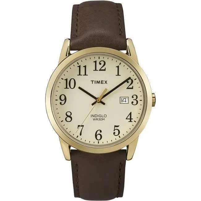 Timex Mens Easy Reader Gold Tone Brown Leather Strap Watch