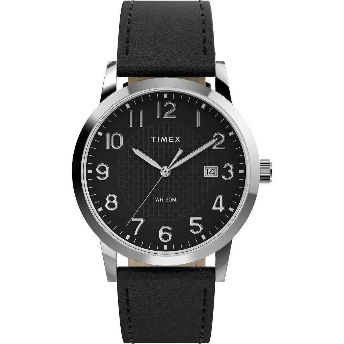 Timex TW2Y67400 Men`s Main Street Black Leather Watch Date 38MM Case - Dial: Black, Band: Black