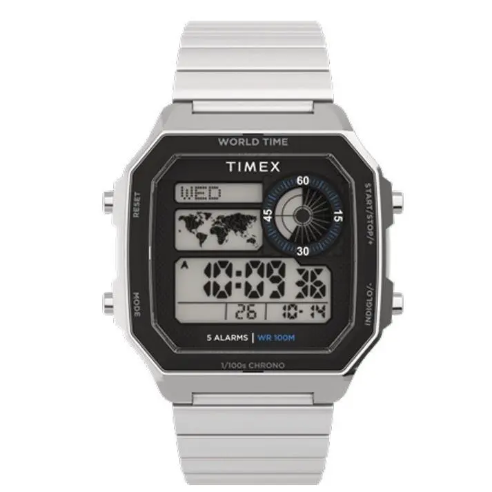 World Time Digital 40mm Stainless Steel Bracelet Silver Watch TW5M68900 by Timex