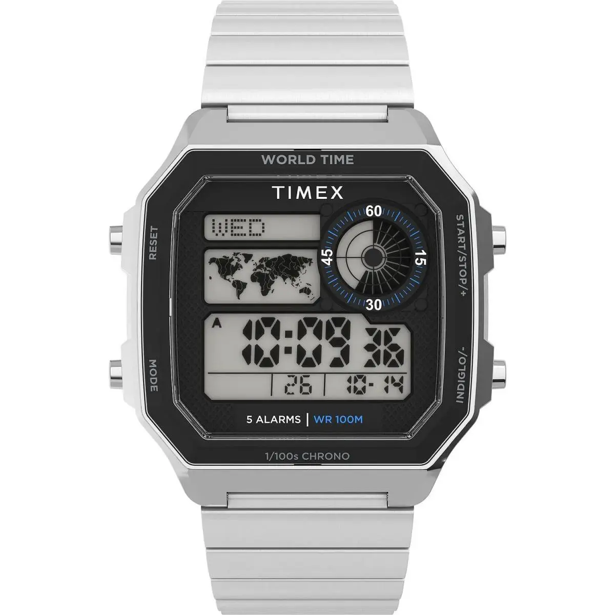Timex TW5M68900 Men`s Digital Silvertone Watch Indiglo World Time 5 Alarms