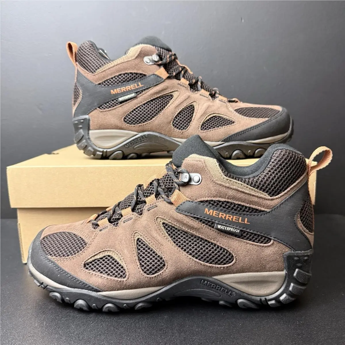 Merrell Mens 10 Yokota 2 Mid Waterproof Boots Brown Orange Bracken Hiking Trail