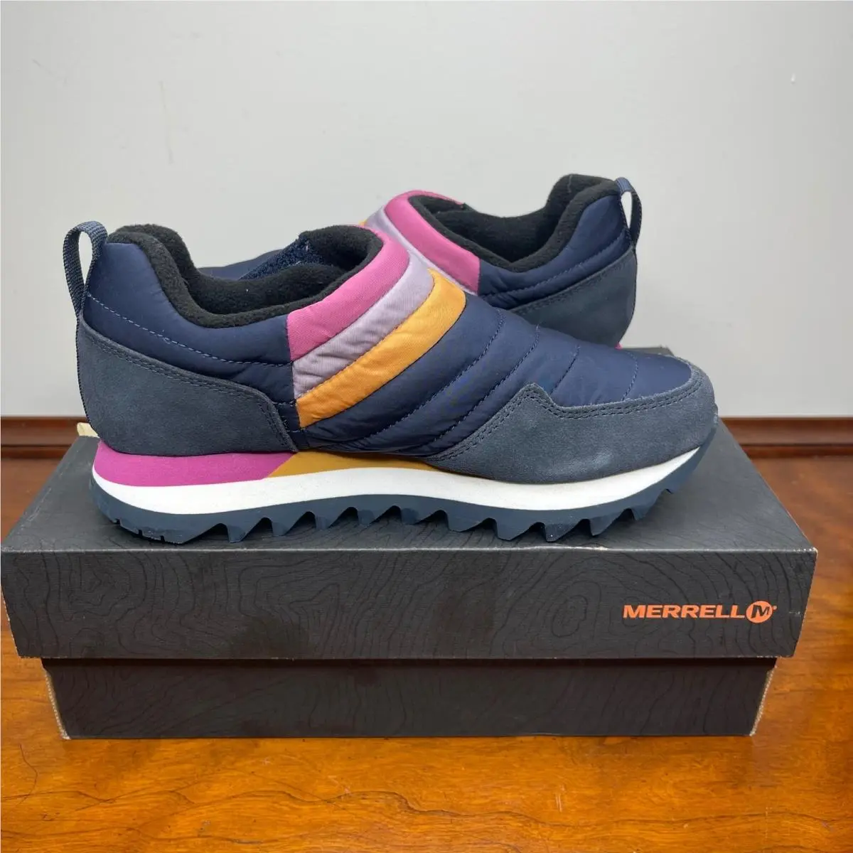 Merrell Alpine Moc Strap Plr Retro Navy Marine Stripes Warm Shoes Womens 5.5