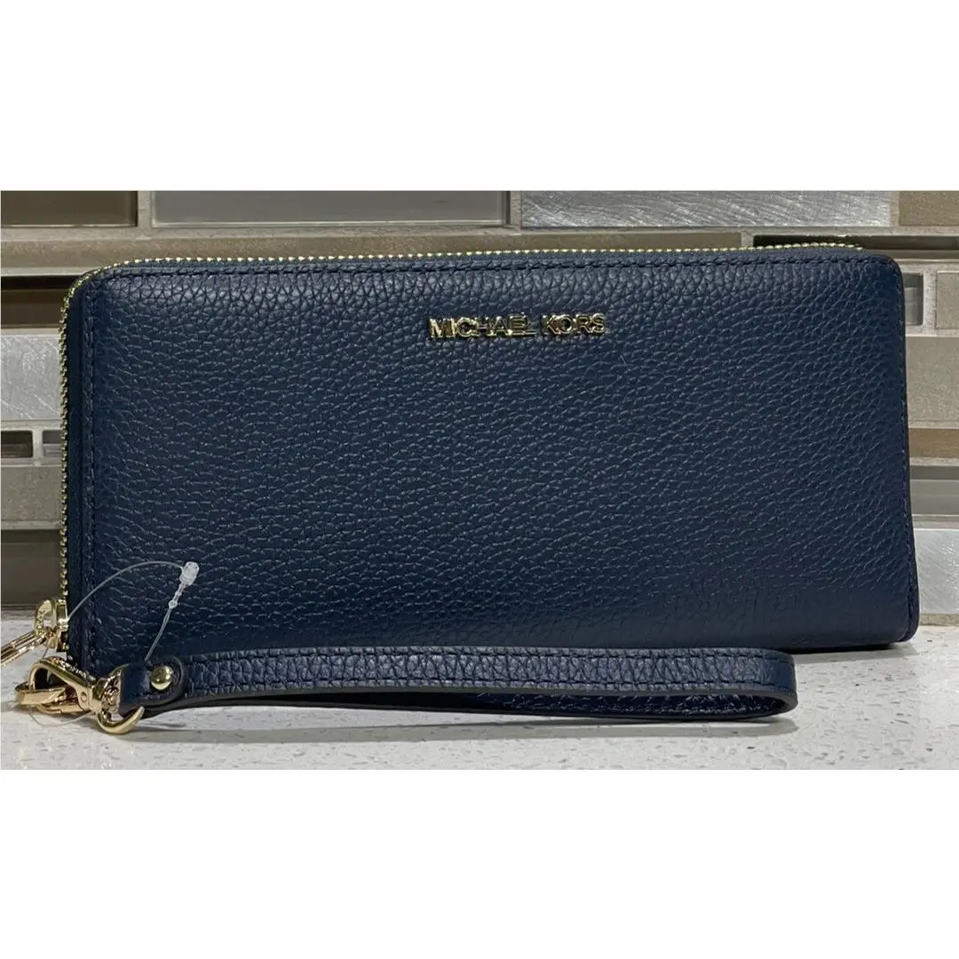 Michael Kors Jet Set Large Travel Continental Zip Wallet MK Navy Blue Leather