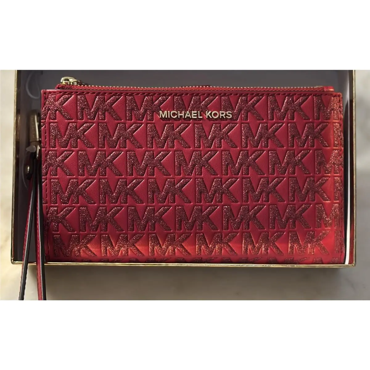 Michael Kors Jet Set Double Zip Wristlet / Crimson Glitter Logo Retail